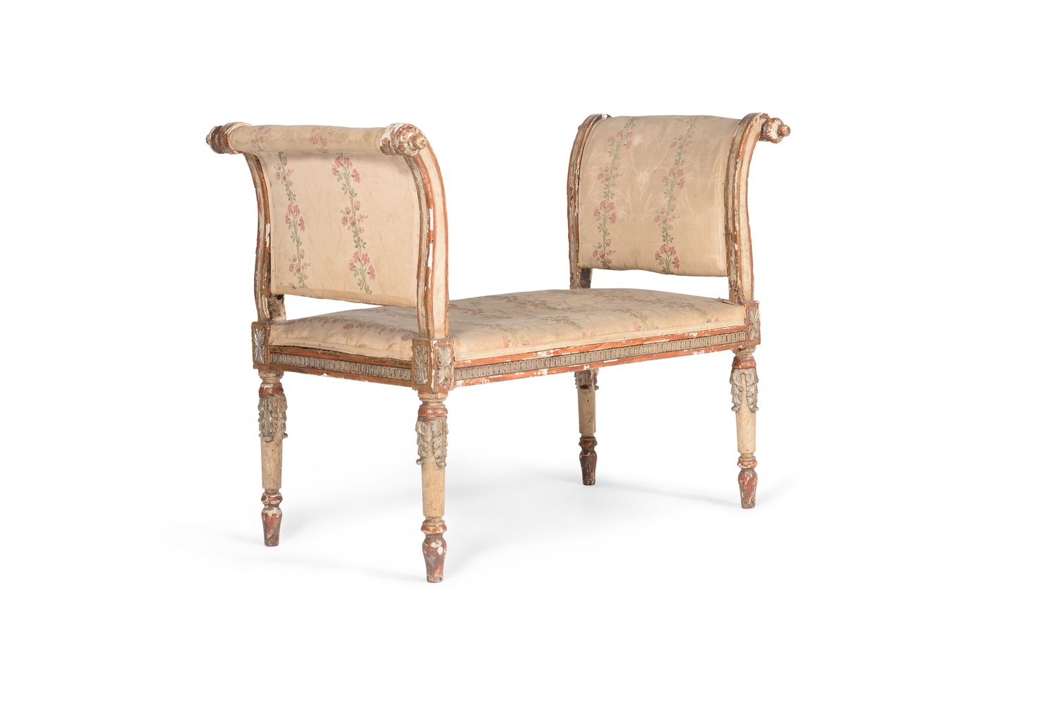 A George III cream painted and parcel gilt window seat, circa 1780