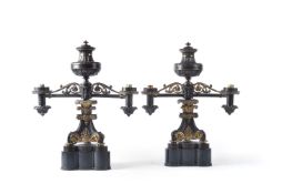 A pair of fine William IV parcel gilt and patinated metal twin light Argand table lamps, circa 1830