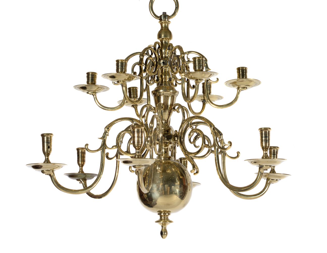 A companion pair of Dutch or English brass twelve light chandeliers, 18th century