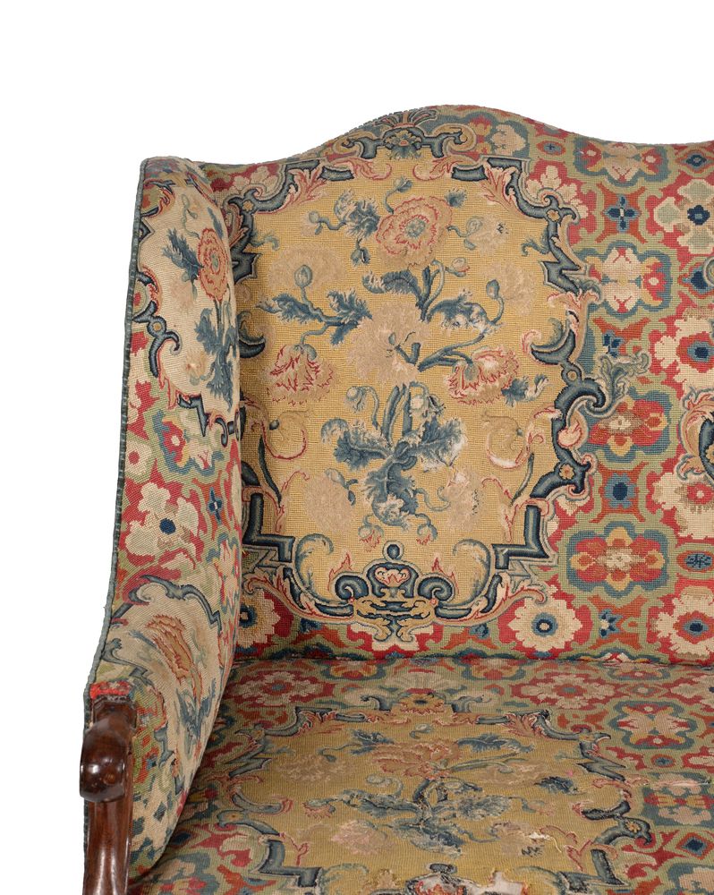 † A French walnut and needlework upholstered settee, 18th century and later elements - Image 4 of 5