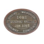 A Great Western Railway Company 3000 gallon brass tender plate