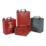 A collection of four metal petrol cans