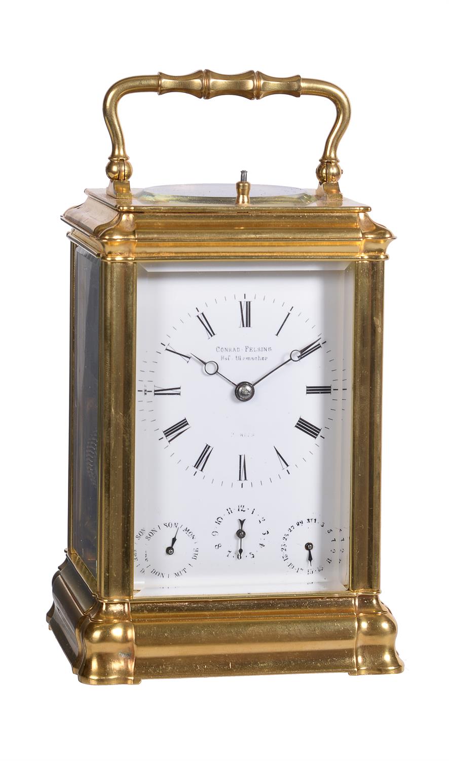 A French gorge calendar carriage clock with alarm, retailed by Conrad Felsing, Berlin, circa 1860