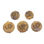 Five verge pocket watch movements , various makers, late 18th century and later