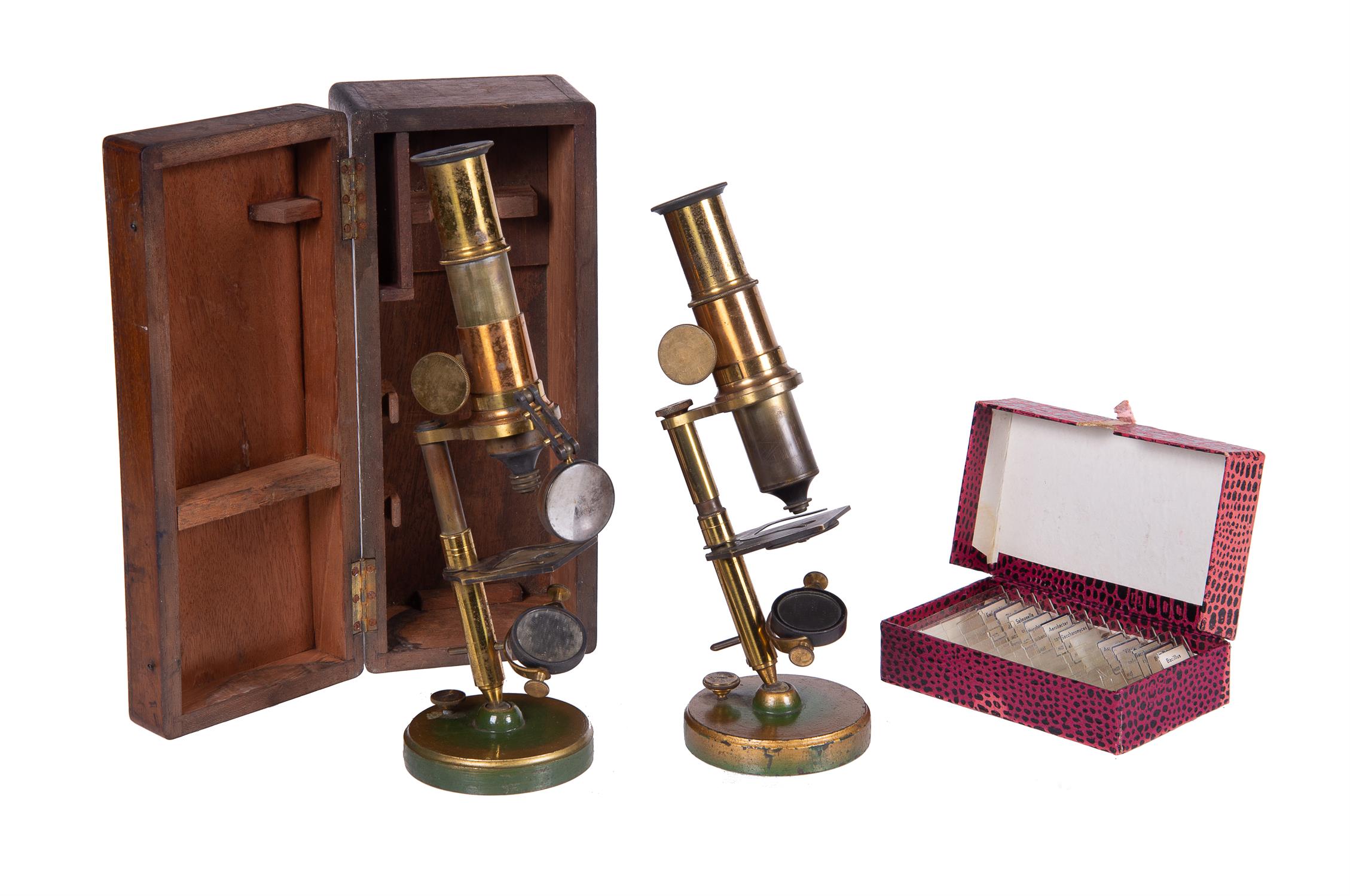 Two French brass student’s portable microscopes, unsigned, late 19th century