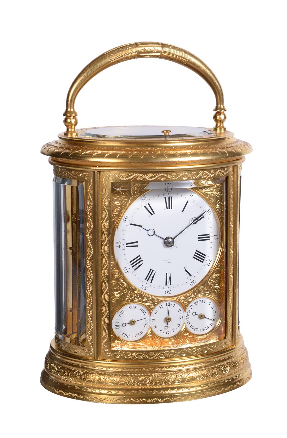An oval grande-sonnerie calendar alarm carriage clock, Drocourt for Tiffany and Co., circa 1870