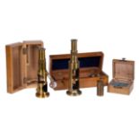 Two lacquered brass compound drum microscopes, both unsigned, mid to late 19th century
