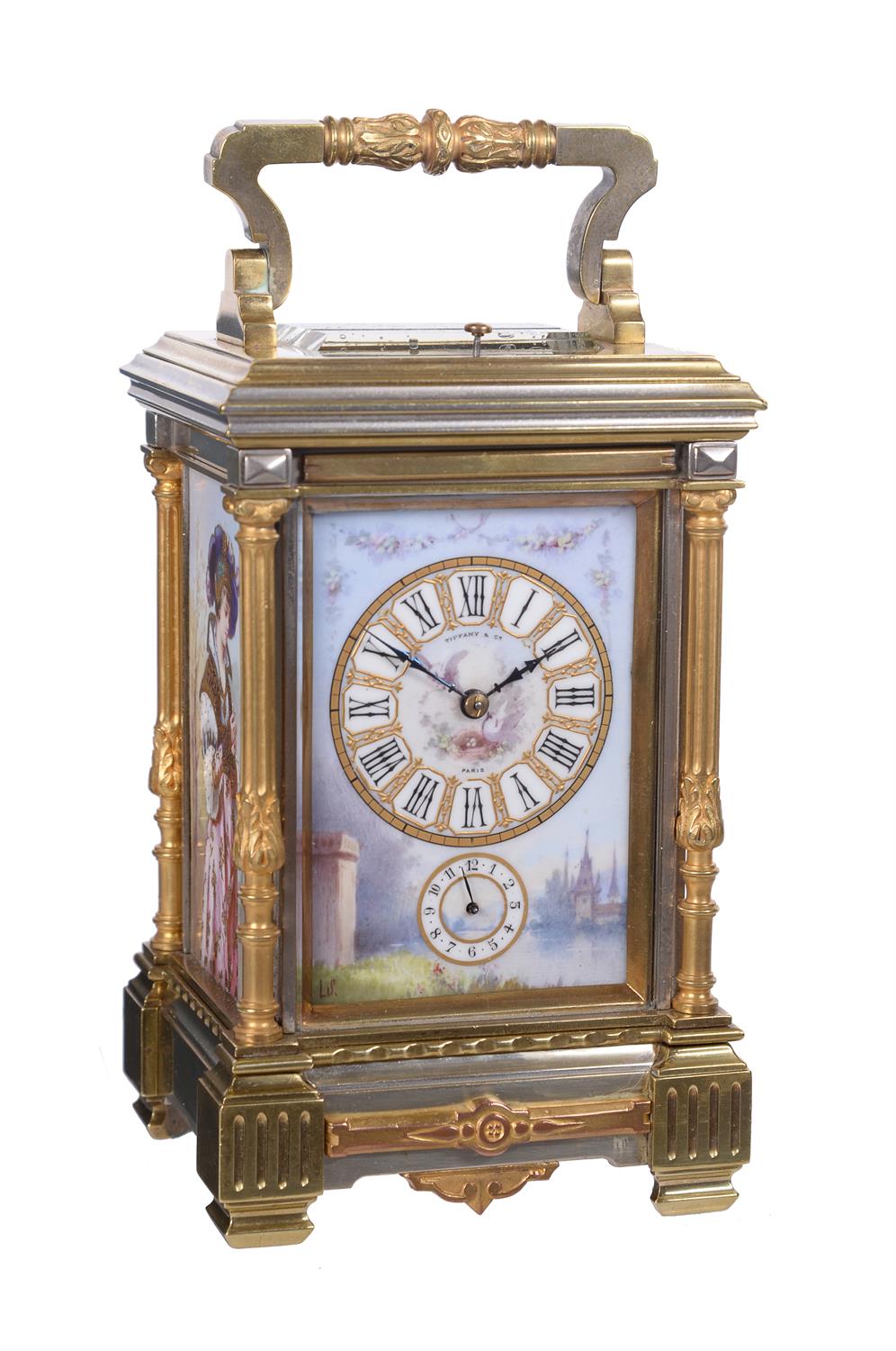 A porcelain inset grande-sonnerie carriage clock, Tiffany & Co., panels by Simonnet, circa 1880