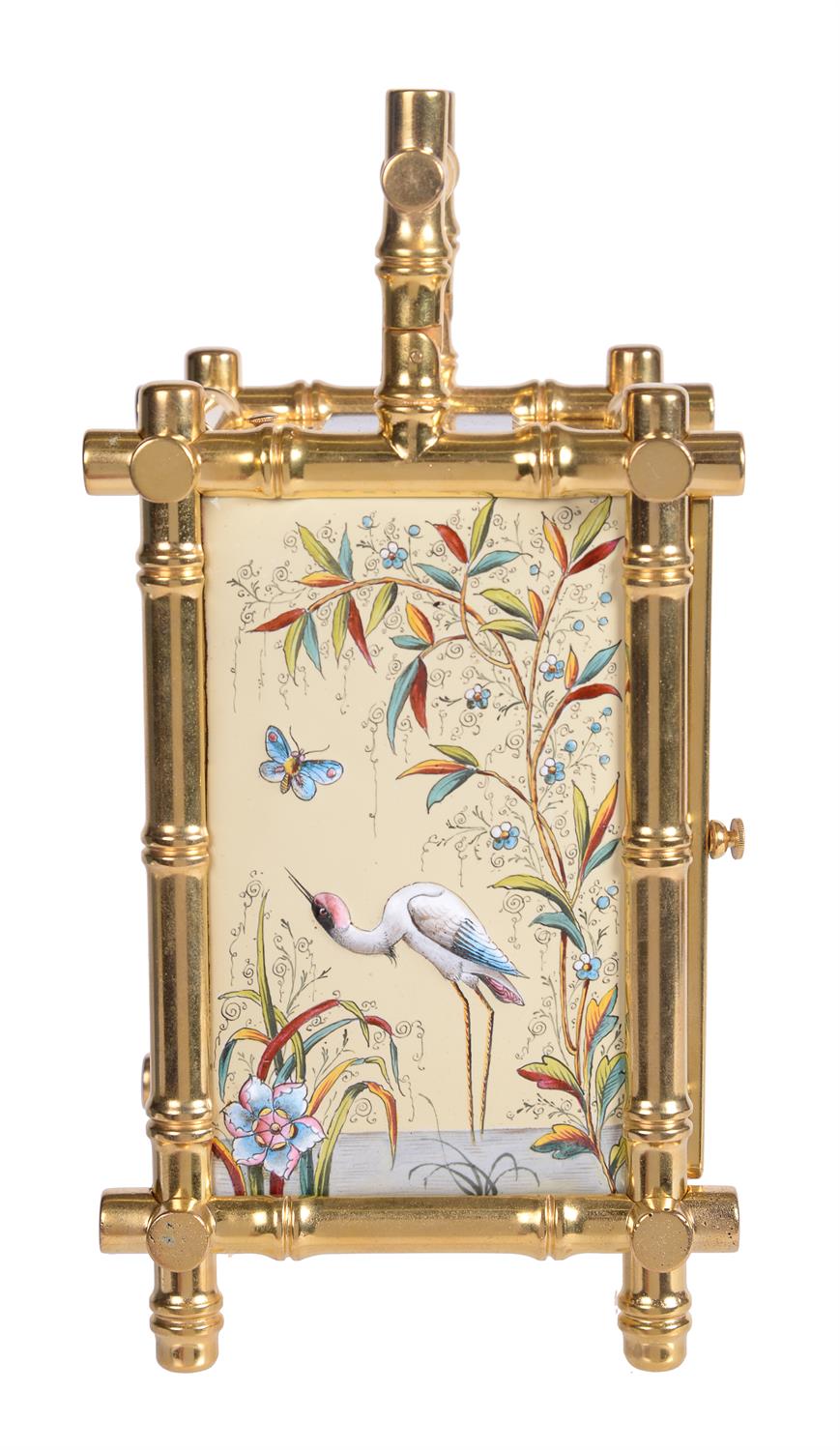 A gilt bamboo cased carriage clock with enamelled panels, probably by Brunelot, Paris, circa 1880 - Image 4 of 6