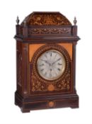 An Edwardian inlaid mahogany quarter chiming bracket clock , unsigned, circa 1900