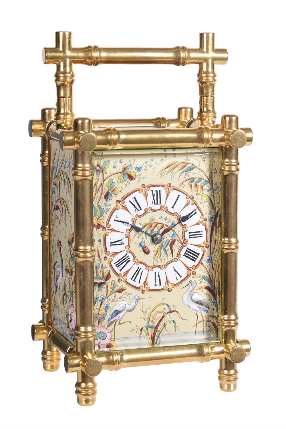 A gilt bamboo cased carriage clock with enamelled panels, probably by Brunelot, Paris, circa 1880 - Image 2 of 6