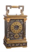 A gilt alarm carriage clock with relief foliate decorated anglaise riche case, late 19th century