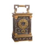 A gilt alarm carriage clock with relief foliate decorated anglaise riche case, late 19th century