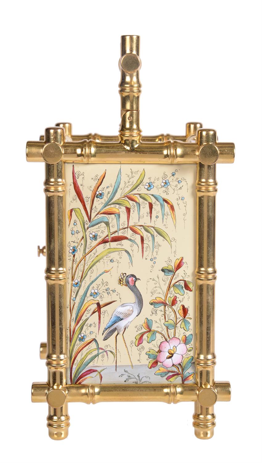 A gilt bamboo cased carriage clock with enamelled panels, probably by Brunelot, Paris, circa 1880 - Image 5 of 6