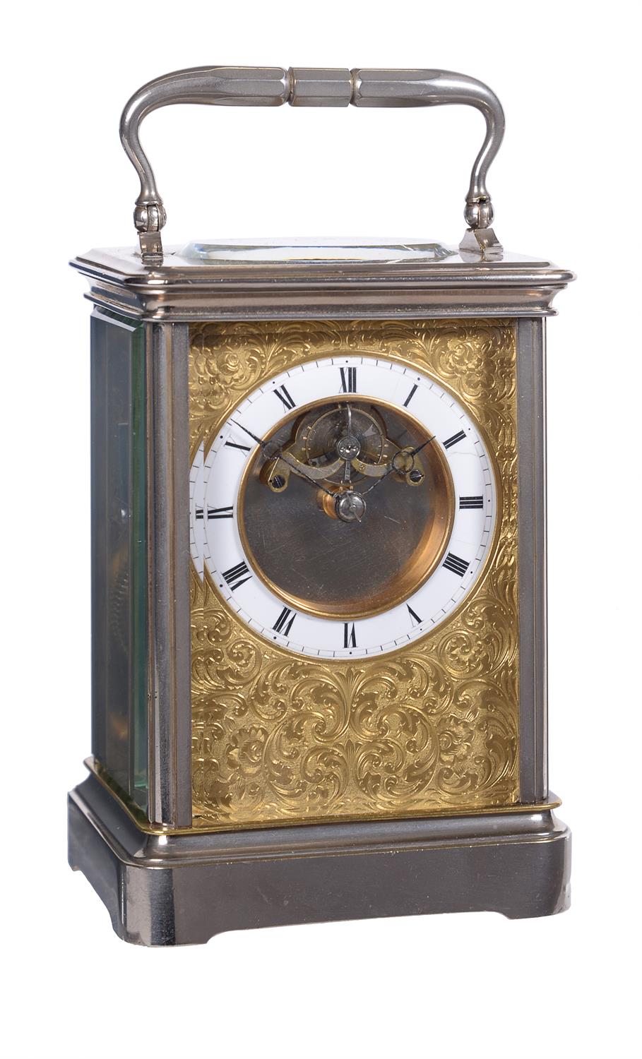 A silvered brass calendar carriage clock with visible escapement, Japy Freres, circa 1860