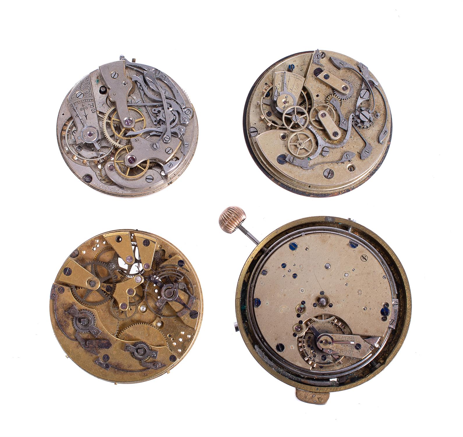 Three chronograph watch movements and another quarter-repeating, all unsigned, Swiss, 20th century