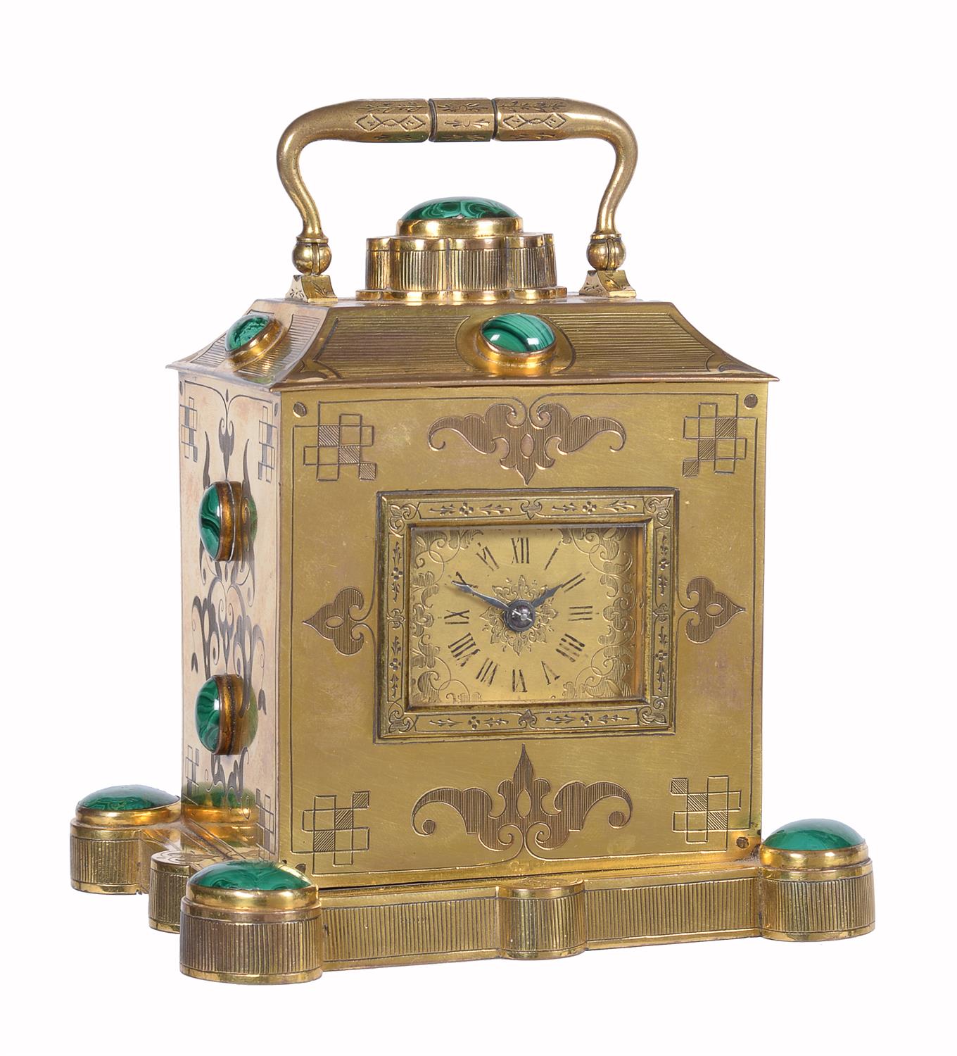 An unusual French malachite mounted gilt carriage clock, Roblin and Fils Freres, Paris, circa 1860