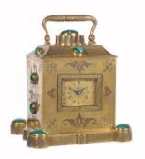 An unusual French malachite mounted gilt carriage clock, Roblin and Fils Freres, Paris, circa 1860