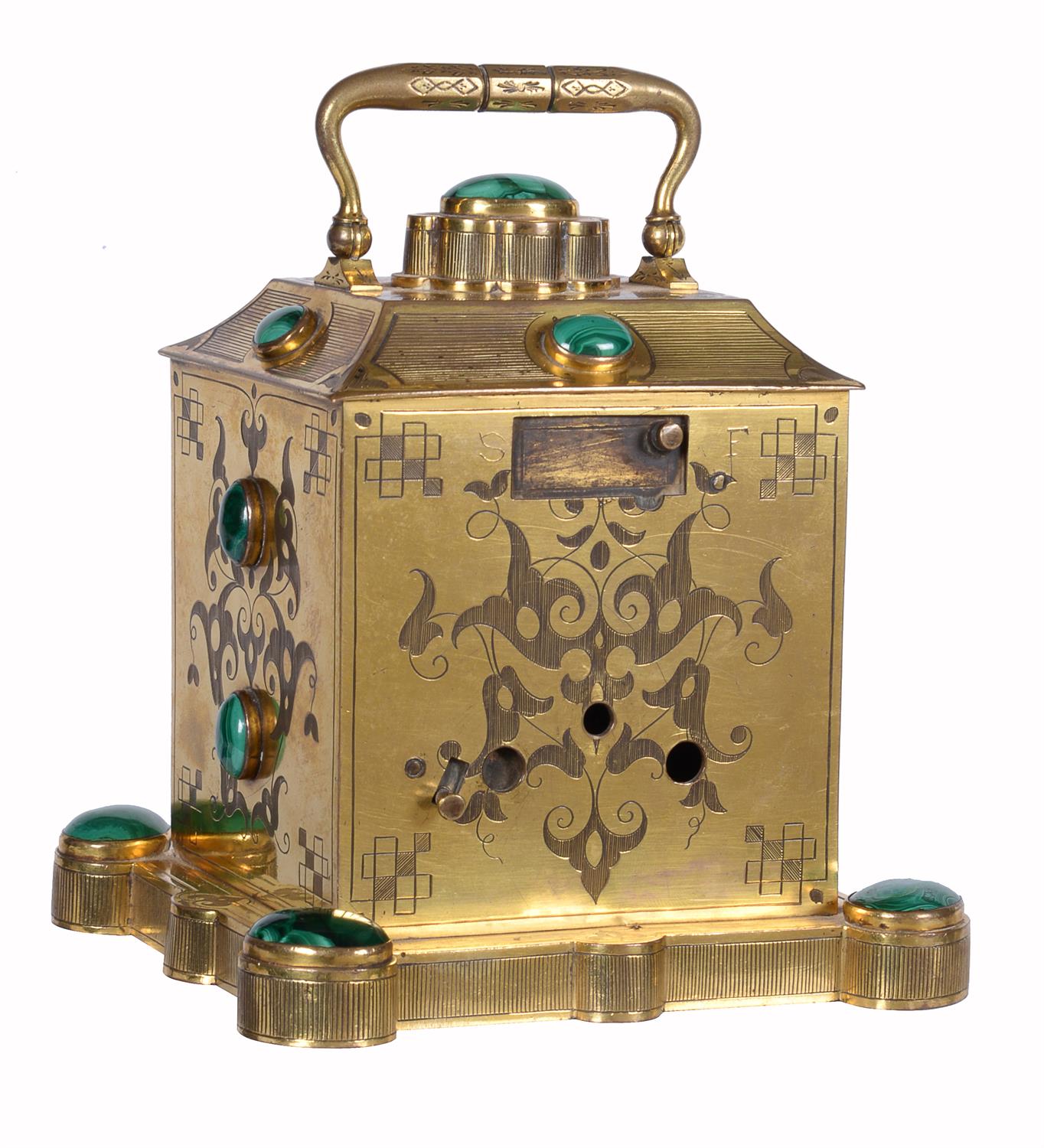 An unusual French malachite mounted gilt carriage clock, Roblin and Fils Freres, Paris, circa 1860 - Image 2 of 6