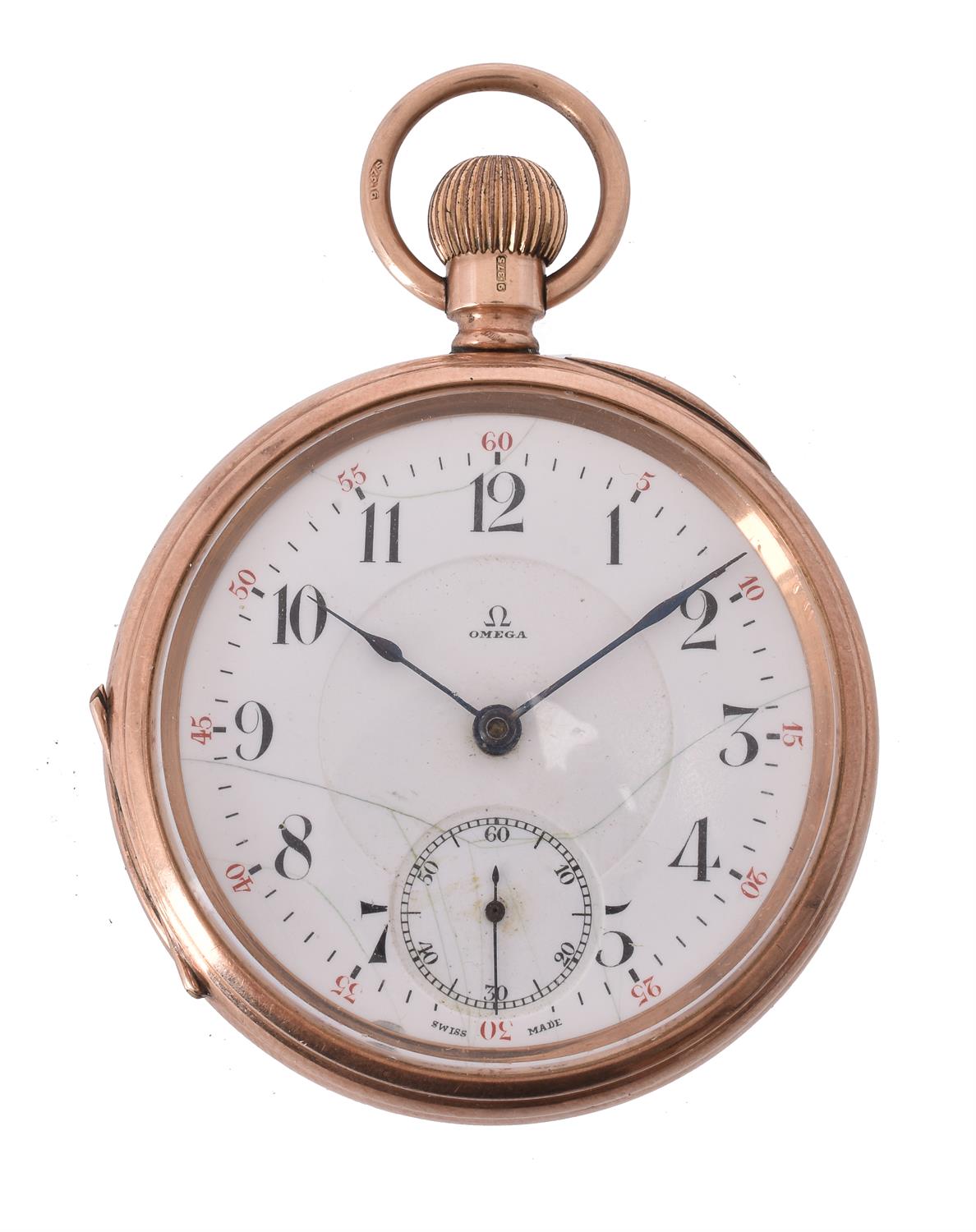 Omega, 9 carat gold open face keyless wind pocket watch