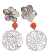 A pair of mother of pearl, coral and diamond pendent earrings