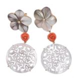 A pair of mother of pearl, coral and diamond pendent earrings