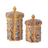 Two modern Chinese silver gilt coloured filigree and enamel hexalobe shaped boxes and covers