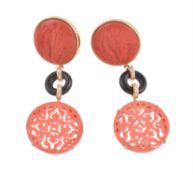 A pair of coral, onyx, diamond and glass pendent earrings