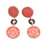 A pair of coral, onyx, diamond and glass pendent earrings