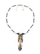 A mid-Victorian blue enamel, diamond and pearl necklace