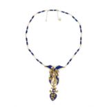 A mid-Victorian blue enamel, diamond and pearl necklace