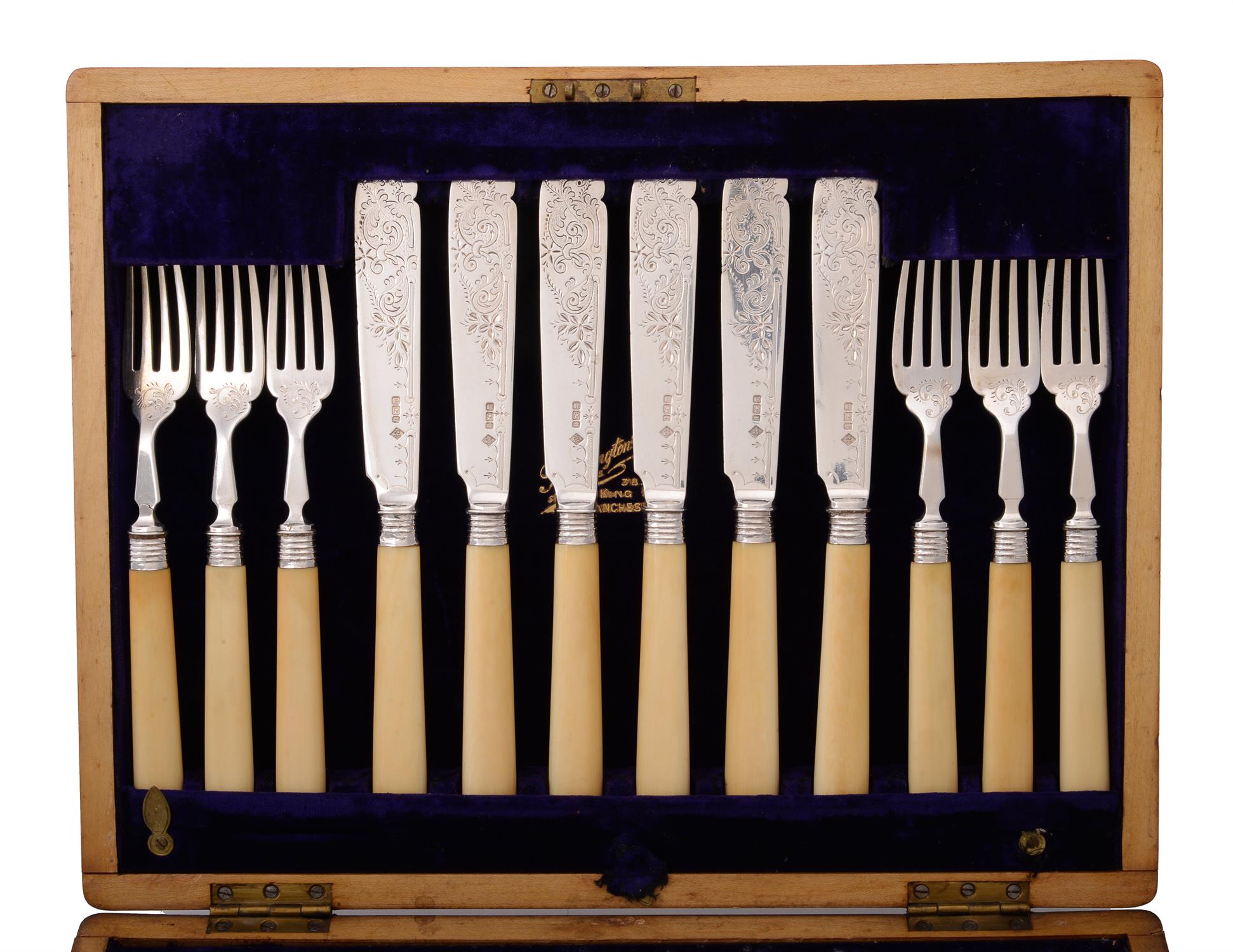 A cased set of twelve silver and ivory handled fish knives and forks by Martin, Hall & Co. - Image 2 of 2