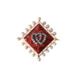 A late Victorian diamond, enamel and pearl brooch