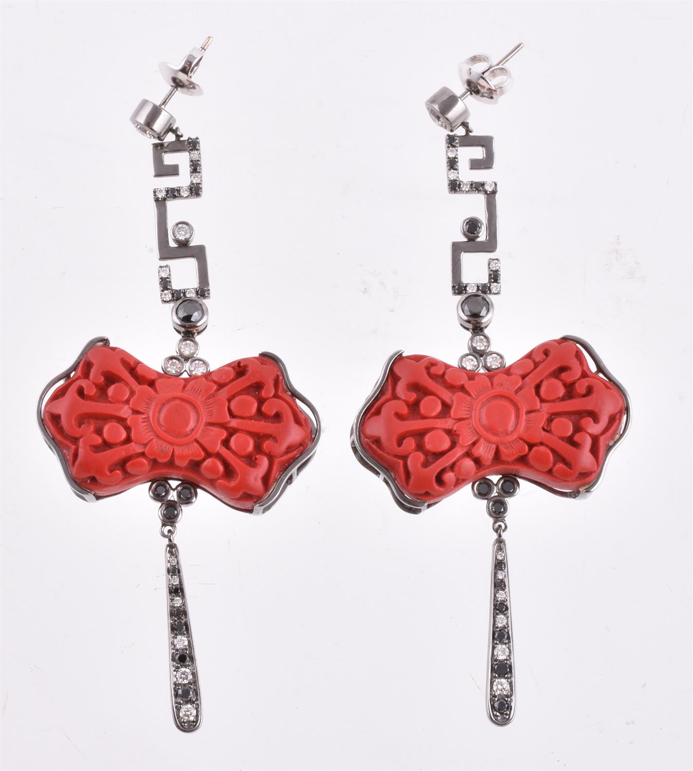 A pair of cinnabar lacquer, diamond and black diamond pendent earrings by Bochic, New York - Image 2 of 4