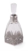 A German silver mounted etched glass liquor decanter and stopper