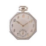 H. W. Wheeler, White gold coloured octagonal keyless wind pocket watch, no. 3991