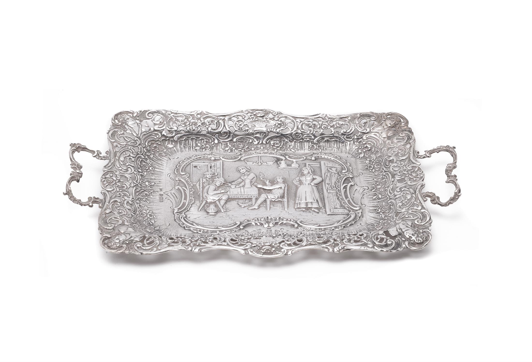 A Dutch silver twin handled shaped rectangular tray