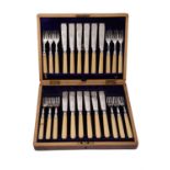 A cased set of twelve silver and ivory handled fish knives and forks by Martin, Hall & Co.