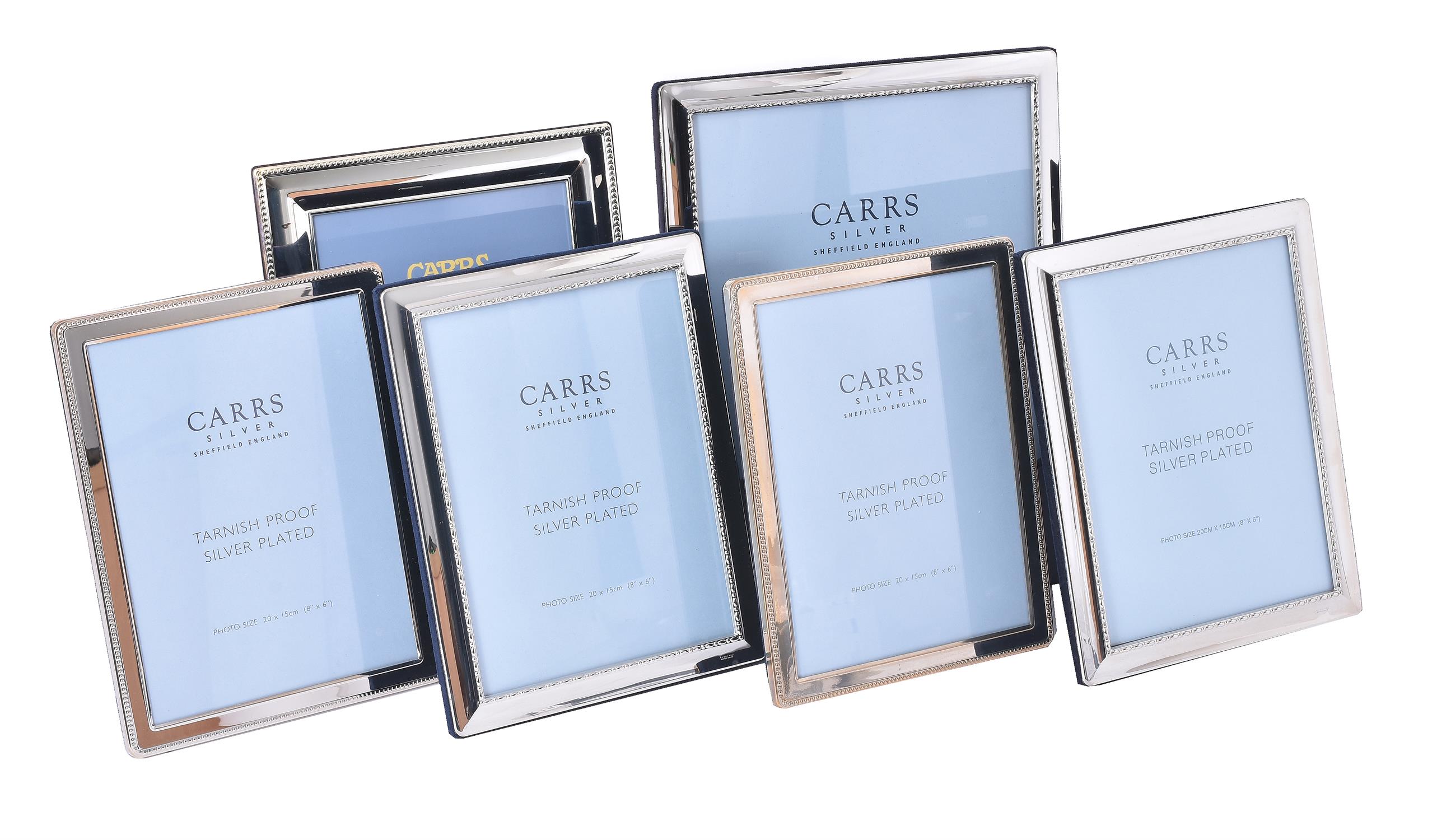Six electro-plated photo frames by Carr's of Sheffield Ltd.
