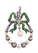 An Edwardian diamond, enamel and pearl pendant