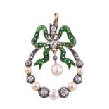 An Edwardian diamond, enamel and pearl pendant
