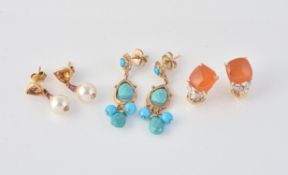 A pair of fire opal and diamond ear clips