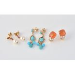 A pair of fire opal and diamond ear clips