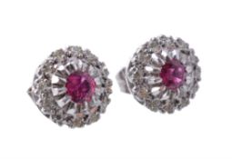 A pair of ruby and diamond cluster ear studs