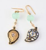 A pair of Indian enamel, diamond and green agate drop earrings