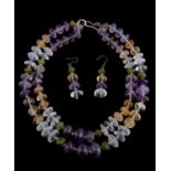 Y A two row amethyst, rock crystal, citrine and peridot bead necklace