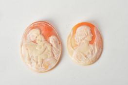 Two unmounted shell cameo plaques each of oval shape and carved to depict a religious scene