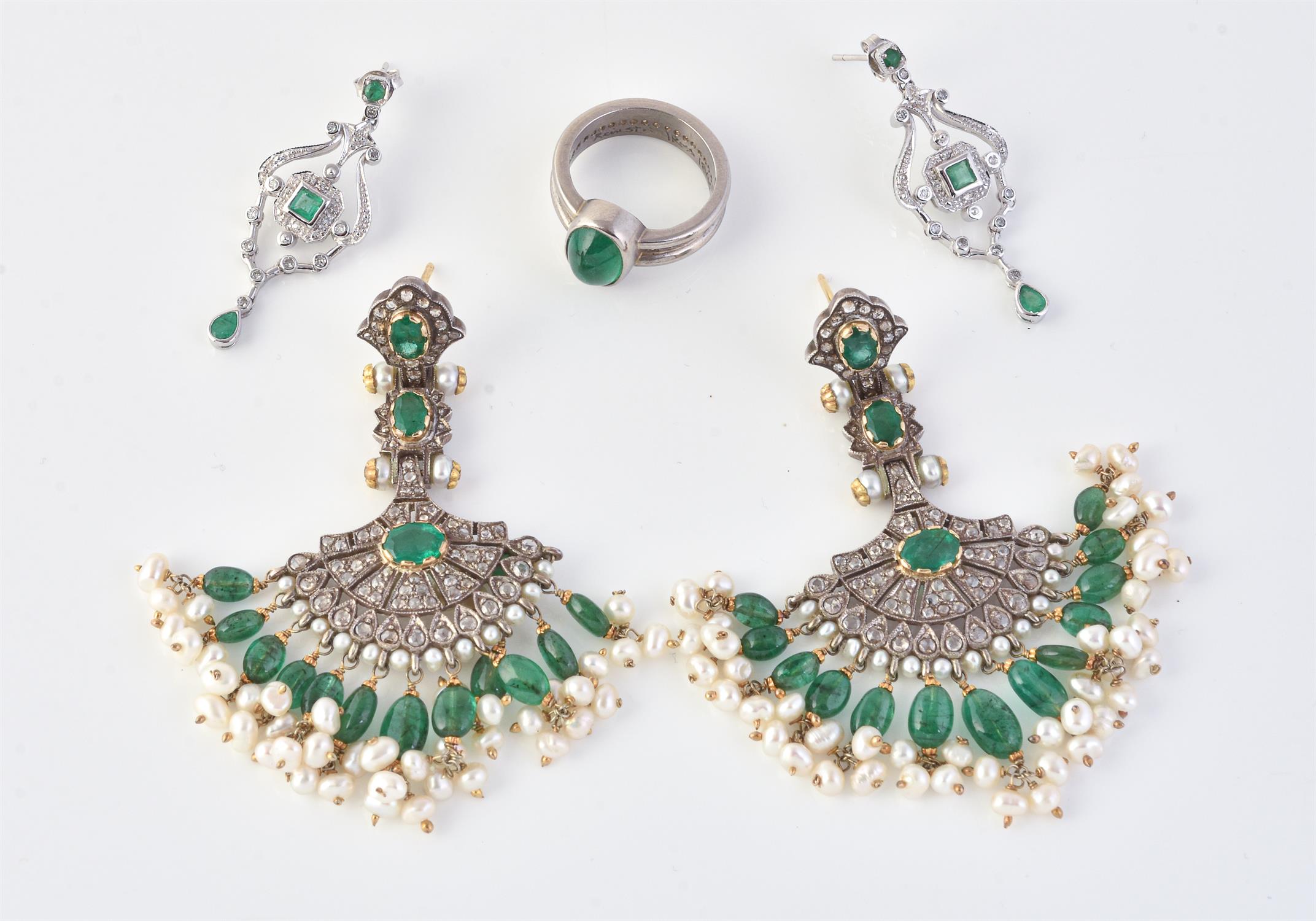 A pair of emerald, freshwater cultured pearl and diamond chandelier earrings
