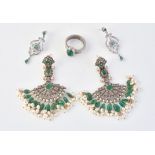 A pair of emerald, freshwater cultured pearl and diamond chandelier earrings