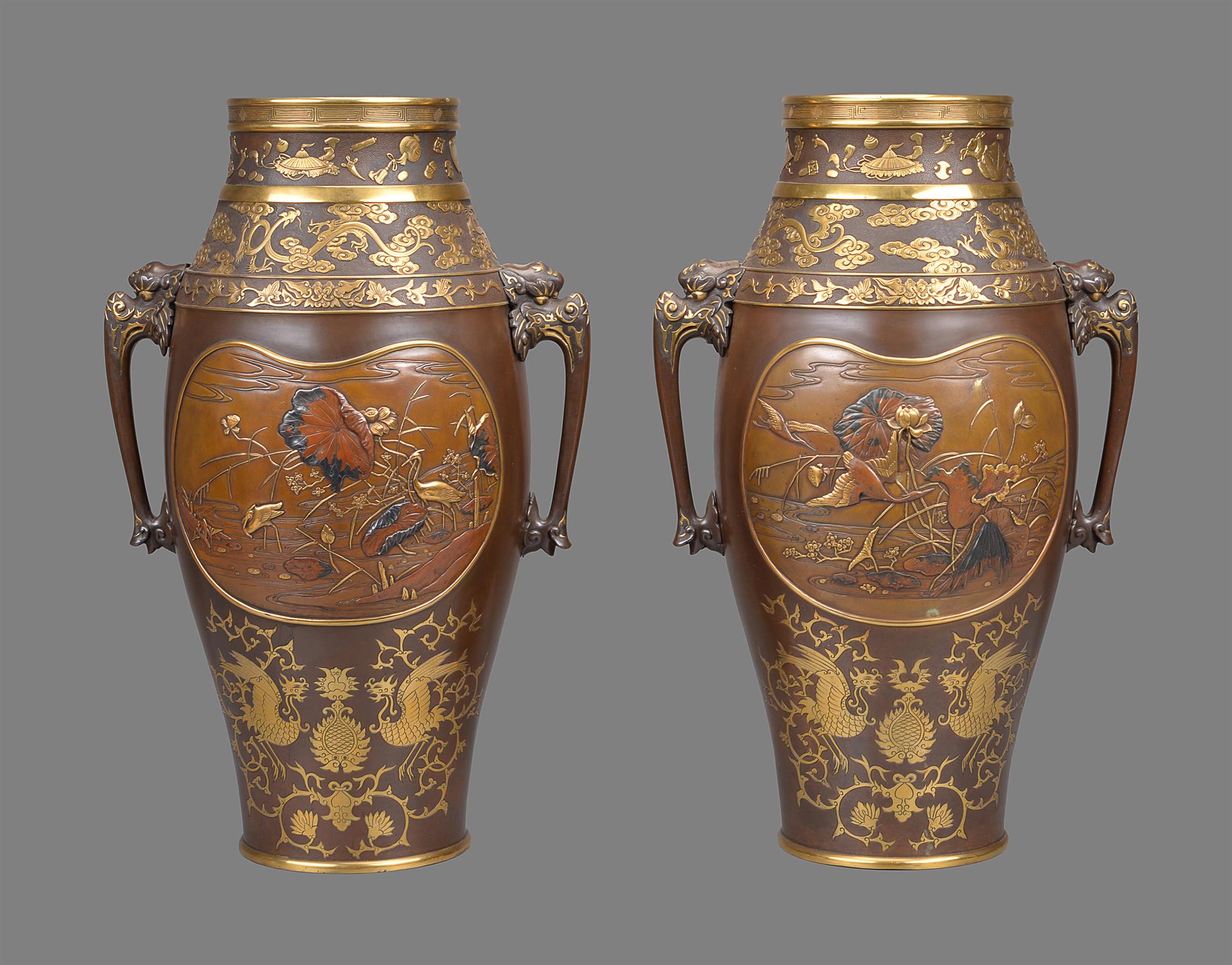 Style of Eisuke Miya-O: A Pair of Parcel Gilt Bronze Vases - Image 2 of 6